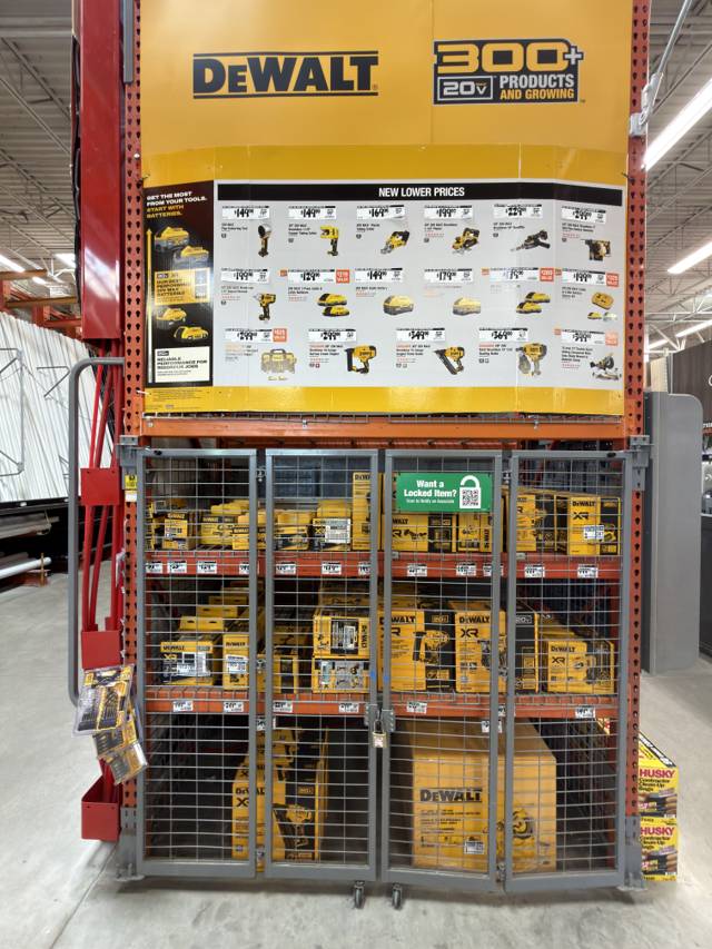Home Depot — Aisle  · Bay  (Power Tools — DeWalt 20V endcap (New Lower Prices board + caged XR kits))
