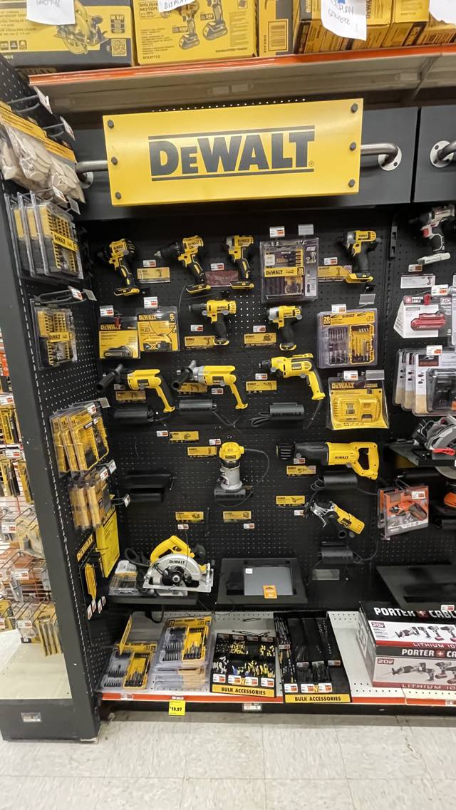 Home Depot — Aisle  · Bay  (Power Tools — DeWalt (drills, saws, router, accessories))