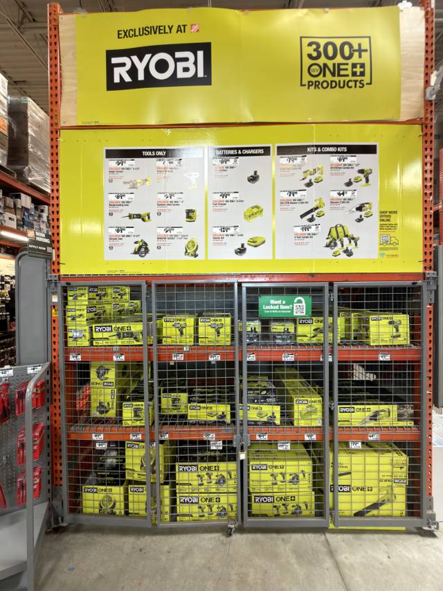Home Depot — Aisle  · Bay  (Power Tools — Ryobi 18V ONE+ endcap (NLP board + caged kits))