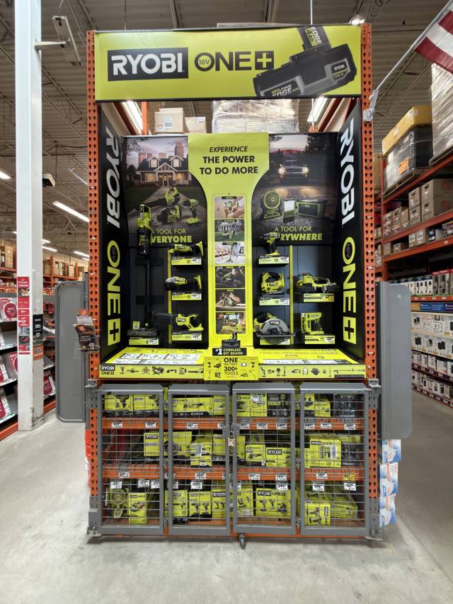 Home Depot — Aisle  · Bay  (Power Tools — Ryobi 18V ONE+ display tower (demo + caged kits))